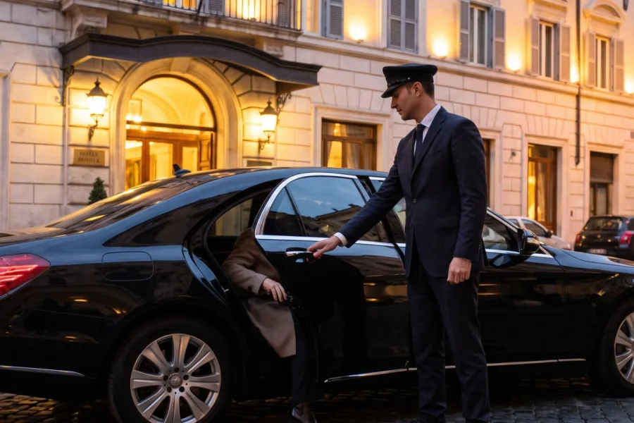 L’autista apre la portiera della Mercedes Classe S davanti all’hotel