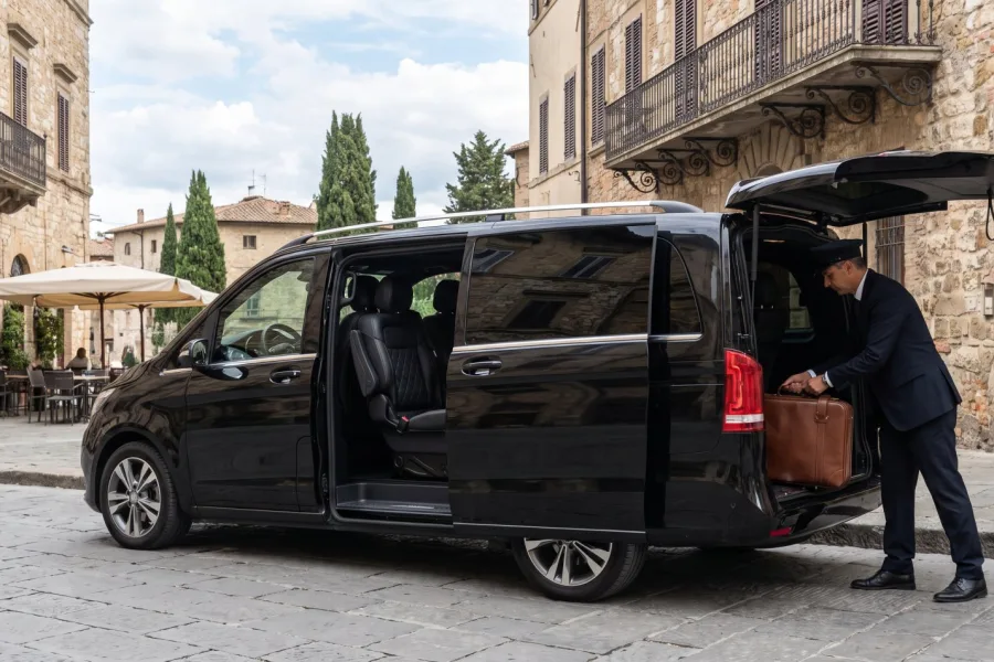 L’autista carica i bagagli nella Mercedes Classe V
